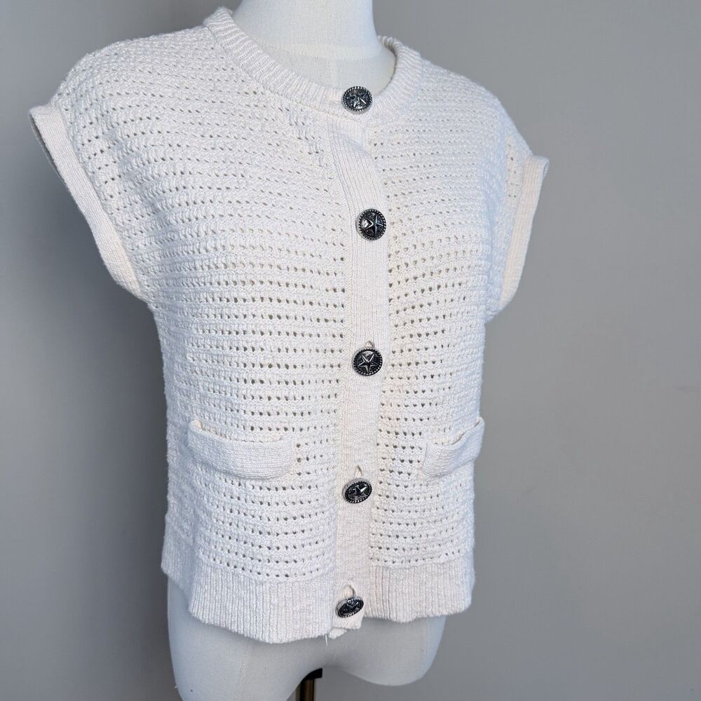 Lucky Brand Ivory Crochet Cardigan XS Star Button Western Boho Cotton Vest - Picture 3 of 15